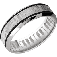 7mm wide High Bevel 18k White Gold Ring with Polish Finish / One 3mm Centered Meteorite Inlay and Black Cerakote Accents / Piano Interior Pattern