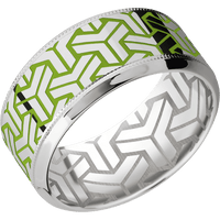 10mm wide High Bevel Milgrain Platinum Ring with Polish Finish / Geoweave Large Design and Zombie Green Cerakote Accents / None Interior Pattern