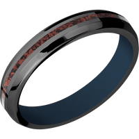 4mm wide Beveled Black Titanium Ring with Polish Finish / One 1mm Centered Red Dinosaur Bone Inlay / Navy Blue Cerakote Sleeve