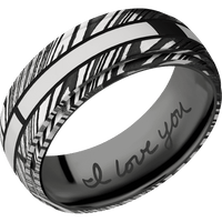 8mm wide Domed Stepped Down Edges Kuro Damascus Steel Ring with Tumble Kuro Damascus Finish / One 2mm Centered Palladium Silver Inlay with Polish Finish and Black Cerakote Accents / Black Titanium Sleeve / Hand Writing Interior Pattern