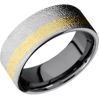 8mm wide Flat Platinum Ring with Stipple Finish / One 3mm Off Center 18k Yellow Gold Inlay / Tantalum Sleeve
