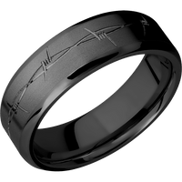 7mm wide Beveled Black Titanium Ring with Bead Blast Finish / Barb Wire Design and Black Accents