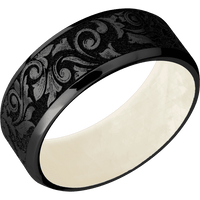 8mm wide Beveled Black Titanium Ring with Angle Satin Finish / Western Scroll Design / Freshwater Mother of Pearl Sleeve