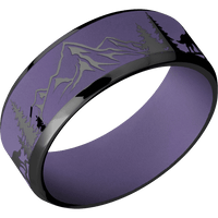 8mm wide Beveled Black Zirconium Ring with Polish Finish / Wolf Mountain Design and Bright Purple Cerakote Accents / Bright Purple Cerakote Sleeve