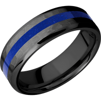 7mm wide Beveled Black Titanium Ring with Hammer Finish / One 2mm Centered Lapis Inlay