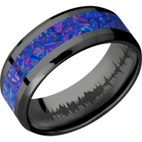 8mm wide Beveled Black Titanium Ring with Polish Finish / One 4mm Centered Purple Opal Inlay / None Interior Pattern