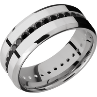 8mm wide Beveled 14k White Gold Ring with Polish Finish / Eternity Round .03 carat Black Diamond Channel-Set Gemstones
