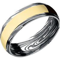 7mm wide Domed Scale Damascus Steel Ring with Tumble Kuro Damascus Finish / One 4mm Centered 14k Yellow Gold Inlay with Polish Finish