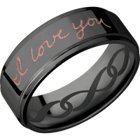 8mm wide Flat Grooved Edges Black Zirconium Ring with Polish Finish / Hand Writing Design and Rose Gold Cerakote Accents / None Interior Pattern