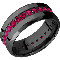 9mm wide High Bevel Black Titanium Ring with Polish Finish / Eternity Round .05 carat Ruby Bead-Set Gemstones