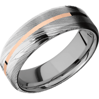 7mm wide Beveled Damascus Steel Ring with Polish Damascus Finish / One 1mm Centered 14k Rose Gold Inlay with Polish Finish / Titanium Sleeve