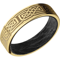 6mm wide Flat 14k Yellow Gold Ring with Satin Finish / Celtic 17 Design and Coyote Tan Cerakote Accents / Forged Carbon Fiber Sleeve