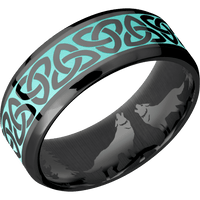 8mm wide Beveled Black Titanium Ring with Polish Finish / Celtic Trinity Design and Robins Egg Blue Cerakote Accents / None Interior Pattern