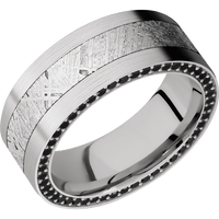 8mm wide Flat 10k White Gold Ring with Satin Finish / Side Eternity Round .01 carat Black Diamond Bead Channel-Set Gemstones / One 4mm Centered Meteorite Inlay