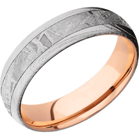 6mm wide Domed Marble Damascus Steel Ring with Bead Blast Kuro Damascus Finish / One 3mm Centered Meteorite Inlay / 14k Rose Gold Sleeve