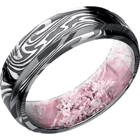 7mm wide Flat Rounded Edges Kinetic Damascus Steel Ring with Tumble Kuro Damascus Finish / Kings Pink Camo Sleeve