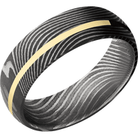 7mm wide Domed Flattwist Damascus Steel Ring with Acid Damascus Finish / One 1mm Off Center 14k Yellow Gold Inlay with Polish Finish