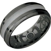 8mm wide Stepped Bevel Black Titanium Ring with Satin Finish / One 3mm Centered Crushed Silver Cerakote Inlay / None Interior Pattern