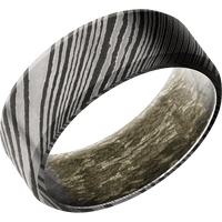 8mm wide Beveled Damascus Steel Ring with Acid Damascus Finish / MossyOak Bottomland Camo Sleeve