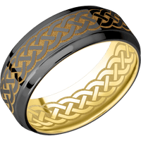 8mm wide Stepped Bevel Black Titanium Ring with Polish Finish / Celtic 9 Design and Gold Cerakote Accents / 10k Yellow Gold Sleeve / Celtic 9 Interior Pattern