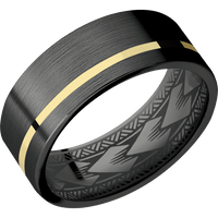 8mm wide Flat Black Titanium Ring with Satin Finish / One 1mm Off Center 14k Yellow Gold Inlay with Polish Finish / Maori Interior Pattern