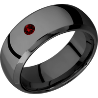 9mm wide Domed Bevel Black Titanium Ring with Polish Finish / 1 Round .1 carat Dark Ruby Flush-Set Gemstones