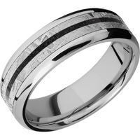 7mm wide Beveled Inconel Ring with Polish Finish / One 4mm Centered Meteorite Inlay / One 1mm Centered Black Dinosaur Bone Inlay