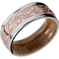 9mm wide Domed Rounded Edges Titanium Ring with Polish Finish / Western Scroll Design and Rose Gold Cerakote Accents / Whiskey Barrel Sleeve