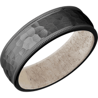 7mm wide Domed Milgrain Edges Black Titanium Ring with Hammer Finish / Antler Sleeve