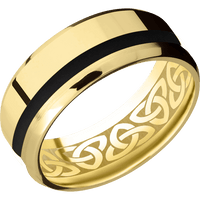 8mm wide Beveled 10k Yellow Gold Ring with Polish Finish / One 2mm Off Center Black Cerakote Inlay / None Interior Pattern