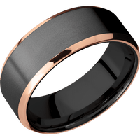 8mm wide Beveled Black Titanium Ring with Bead Blast Finish / Two 1mm Edge 14k Rose Gold Inlay with Polish Finish