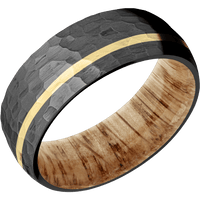 8mm wide Domed Black Titanium Ring with Hammer Finish / One 1mm Off Center 14k Yellow Gold Inlay with Hammer Finish / Natural Oak Sleeve