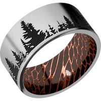 10mm wide Flat Titanium Ring with Angle Satin Finish / Trees Design and Black Cerakote Accents / Darkened Superconductor Sleeve