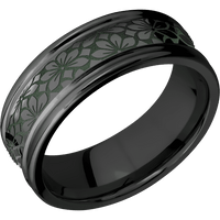 8mm wide Concave Center Round Edges Black Zirconium Ring with Polish Finish / Floral 1 Large Design and Highland Green Cerakote Accents