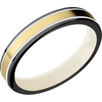 4mm wide Flat Black Zirconium Ring with Polish Finish / One 2mm Centered 14k Yellow Gold Inlay with Satin Finish and Snow White Cerakote Accents / Freshwater Mother of Pearl Sleeve
