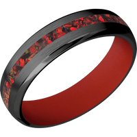 6mm wide Domed Bevel Black Titanium Ring with Satin Finish / One 2mm Centered Ruby Red Opal Inlay / Red Apple Cerakote Sleeve