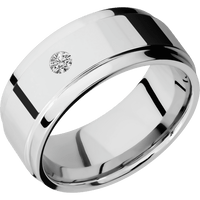 9mm wide Flat Wide Grooved Edges 14k White Gold Ring with Polish Finish / 1 Round .1 carat Standard Diamond Flush-Set Gemstones