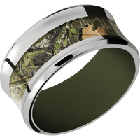 10mm wide Concave Bevel Titanium Ring with Polish Finish / One 5mm Centered MossyOak Obsession Camo Inlay / Vintage Green Cerakote Sleeve