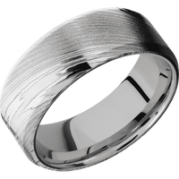 8mm wide Beveled Damascus Steel Ring with Polish Damascus Finish / Platinum Sleeve