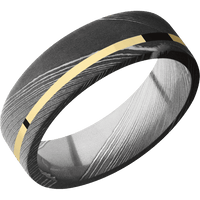7mm wide Flat Damascus Steel Ring with Acid Damascus Finish / One 1mm Off Center 14k Yellow Gold Inlay with Polish Finish