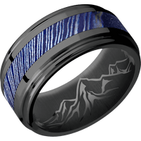 10mm wide Flat Rounded Edges Black Zirconium Ring with Polish Finish / One 4mm Centered Kuro-Ti Inlay with Satin Etched Kuro-Ti Finish / None Interior Pattern