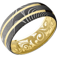 8mm wide Domed Flattwist Damascus Steel Ring with Acid Damascus Finish / Two 1mm Centered 14k Yellow Gold Inlay with Polish Finish / 10k Yellow Gold Sleeve / None Interior Pattern