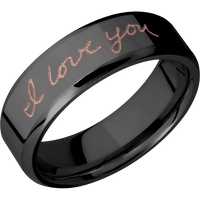 7mm wide Beveled Black Titanium Ring with Polish Finish / Hand Writing Design and Rose Gold Cerakote Accents