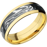 7mm wide Domed 14k Yellow Gold Ring with Polish Finish / One 4mm Centered Kinetic Damascus Steel Inlay with Tumble Kuro Damascus Finish