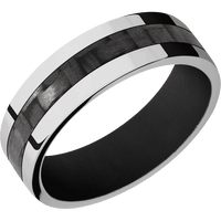 7mm wide Flat Palladium Silver Ring with Polish Finish / One 3mm Centered Black Carbon Fiber Inlay / Black Cerakote Sleeve