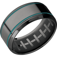 10mm wide High Bevel Milgrain Black Titanium Ring with Polish Finish / One 6mm Centered Darkened Tantalum Inlay with Bead Blast Finish and Teal Cerakote Accents / One 4mm Centered Platinum Inlay with Polish Finish / Football Interior Pattern