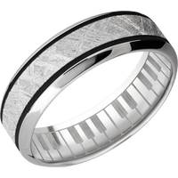 7mm wide High Bevel 18k White Gold Ring with Polish Finish / One 3mm Centered Meteorite Inlay and Black Cerakote Accents / Piano Interior Pattern