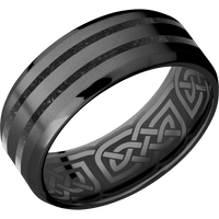 8mm wide Beveled Black Titanium Ring with Bead Blast Finish / Two 1mm Centered Black Dinosaur Bone Inlay / Celtic 17 Interior Pattern