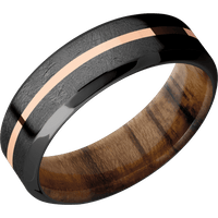 7mm wide High Bevel Black Titanium Ring with Distressed Finish / One 1mm Centered 14k Rose Gold Inlay with Polish Finish / Teak Sleeve