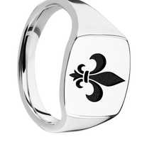 Medium Cushion signet ring (14x14mm) in Palladium Silver, with a Thin style band and a Fleur De Lis engraving.